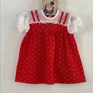 Vintage Toddle Time red dress, white polka dot bow print, lace trim Size 2